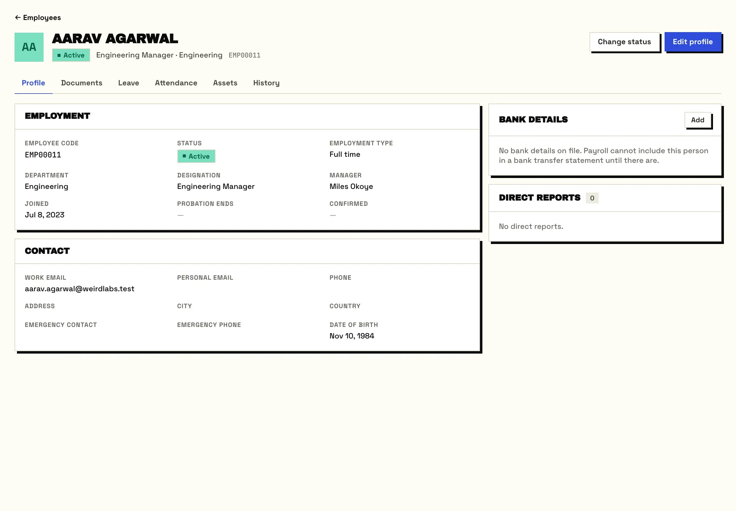 An employee's profile: employment details, department, manager and probation dates, contact details, bank details and direct reports.