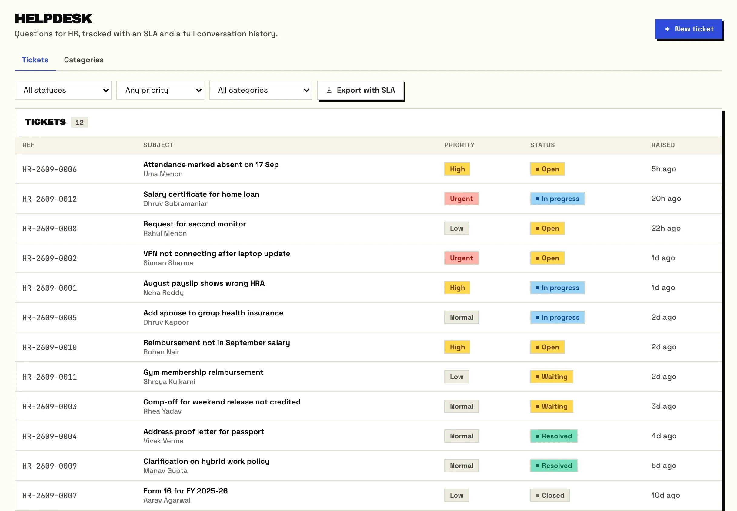 HR helpdesk tickets with reference, subject, priority, status and age.