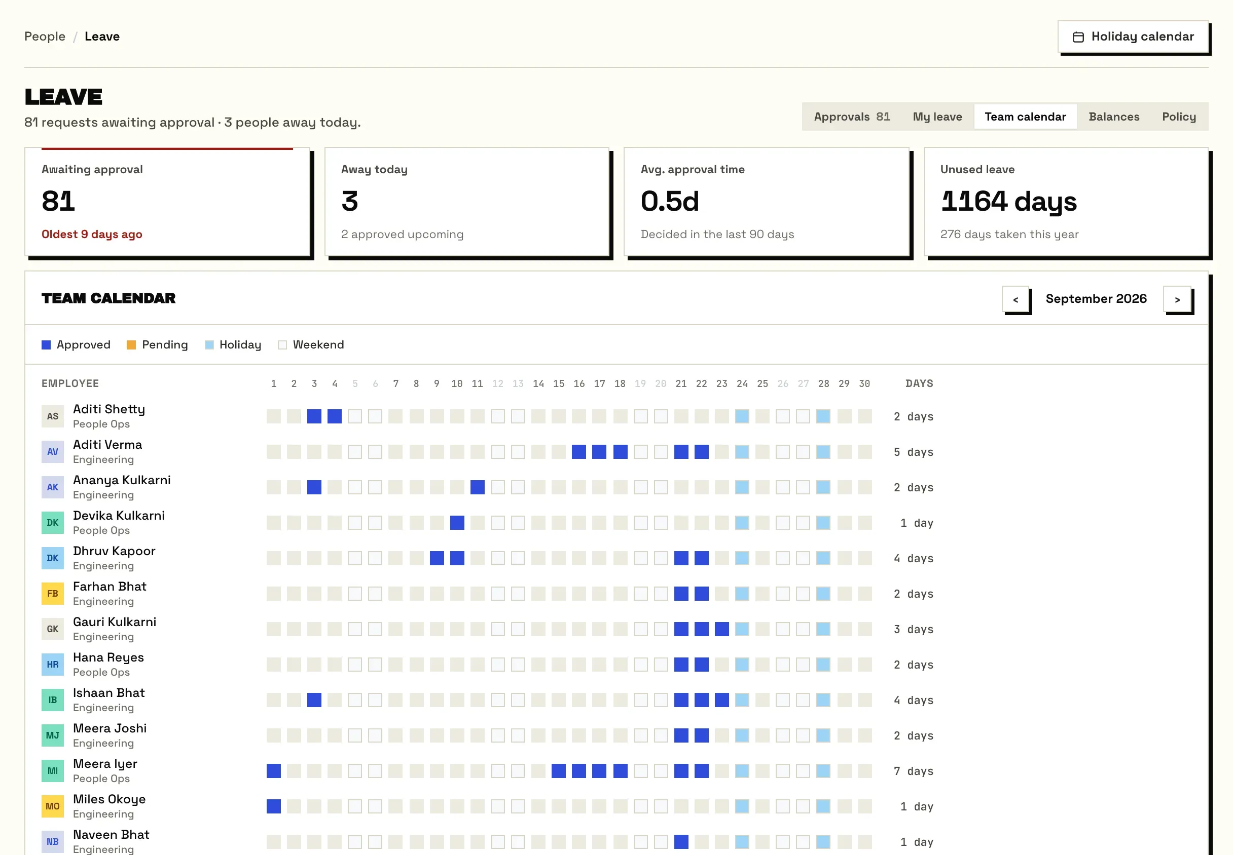 The team leave calendar for September: approved and pending leave for each person, with holidays and weekends marked.