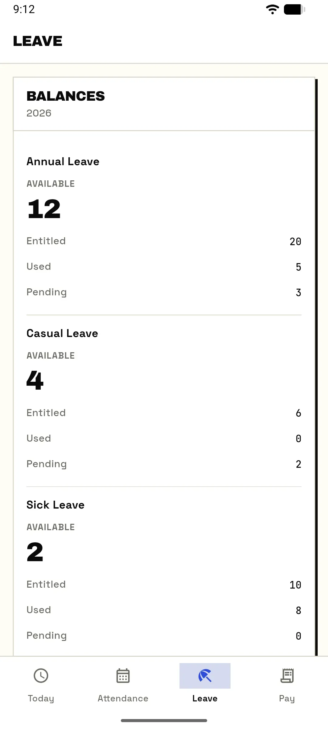The Leave tab's 2026 balances: Annual Leave 12 available of 20 entitled, Casual Leave 4 of 6, Sick Leave 2 of 10, each with used and pending days.