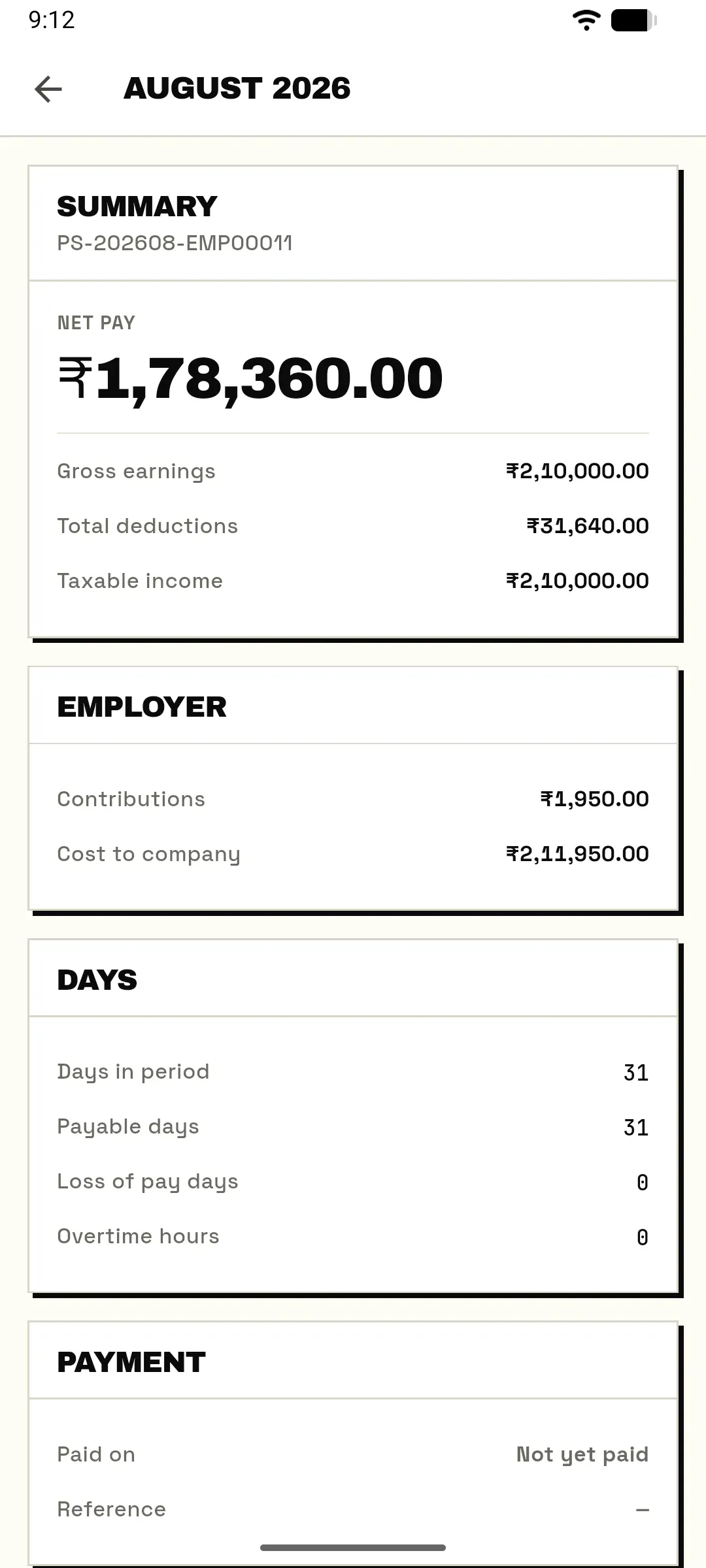 The August 2026 payslip: net pay ₹1,78,360.00 from gross earnings of ₹2,10,000.00 less ₹31,640.00 deductions, employer contributions, and 31 payable days.