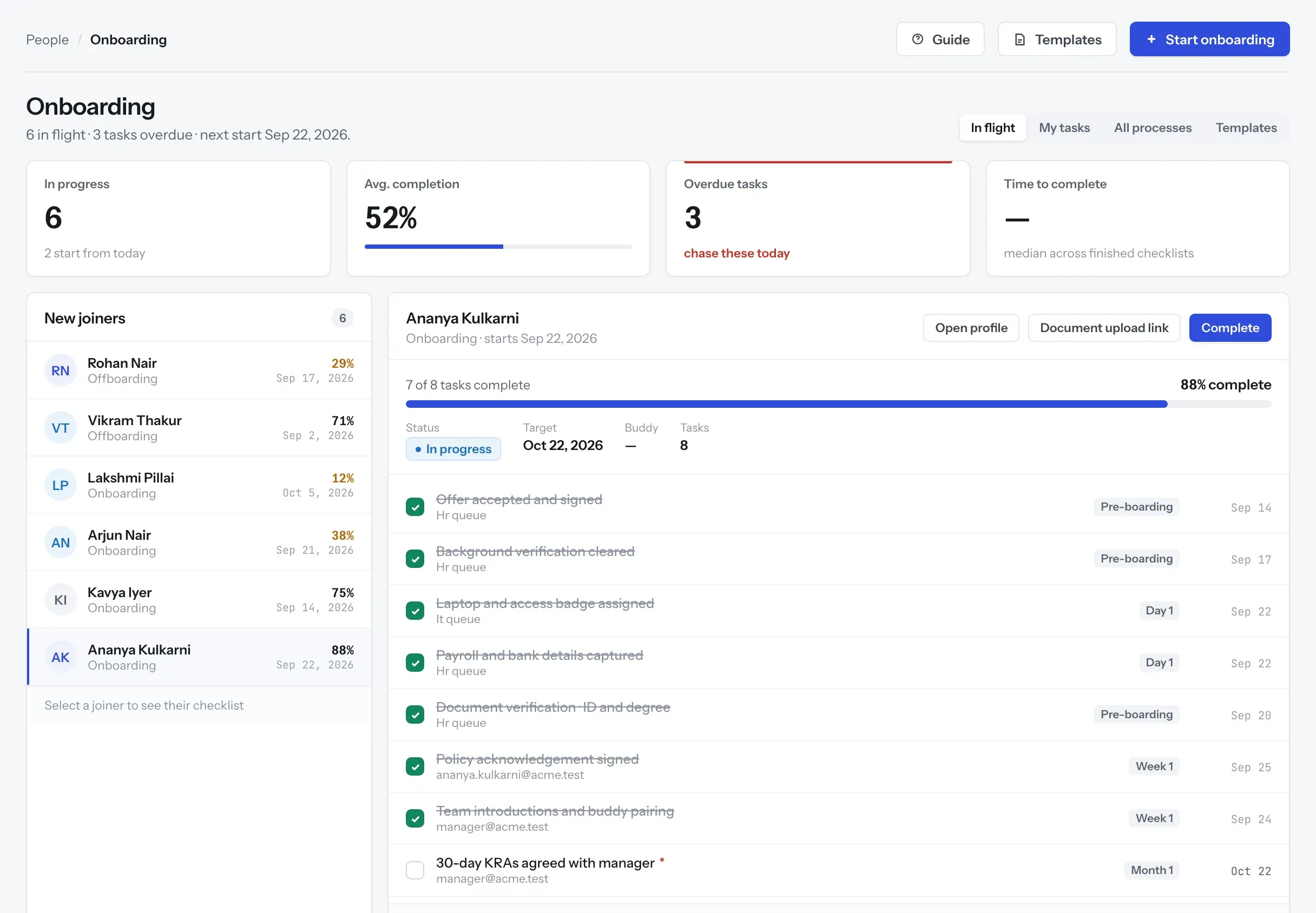 Onboarding in flight: six joiners and leavers, and one joiner's checklist with each task's owner, stage and due date.