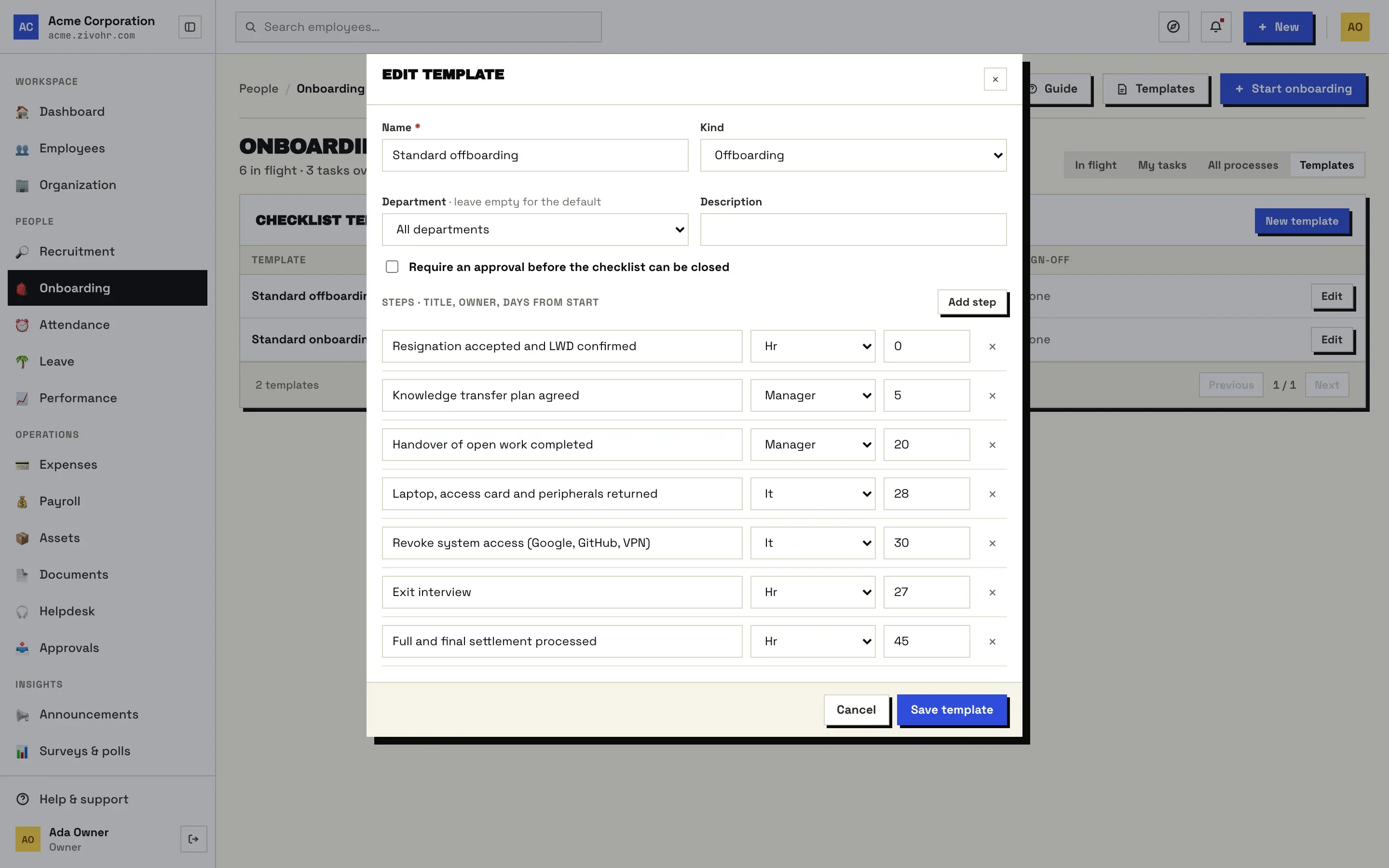 Editing the standard offboarding template: steps, owners and days from start.