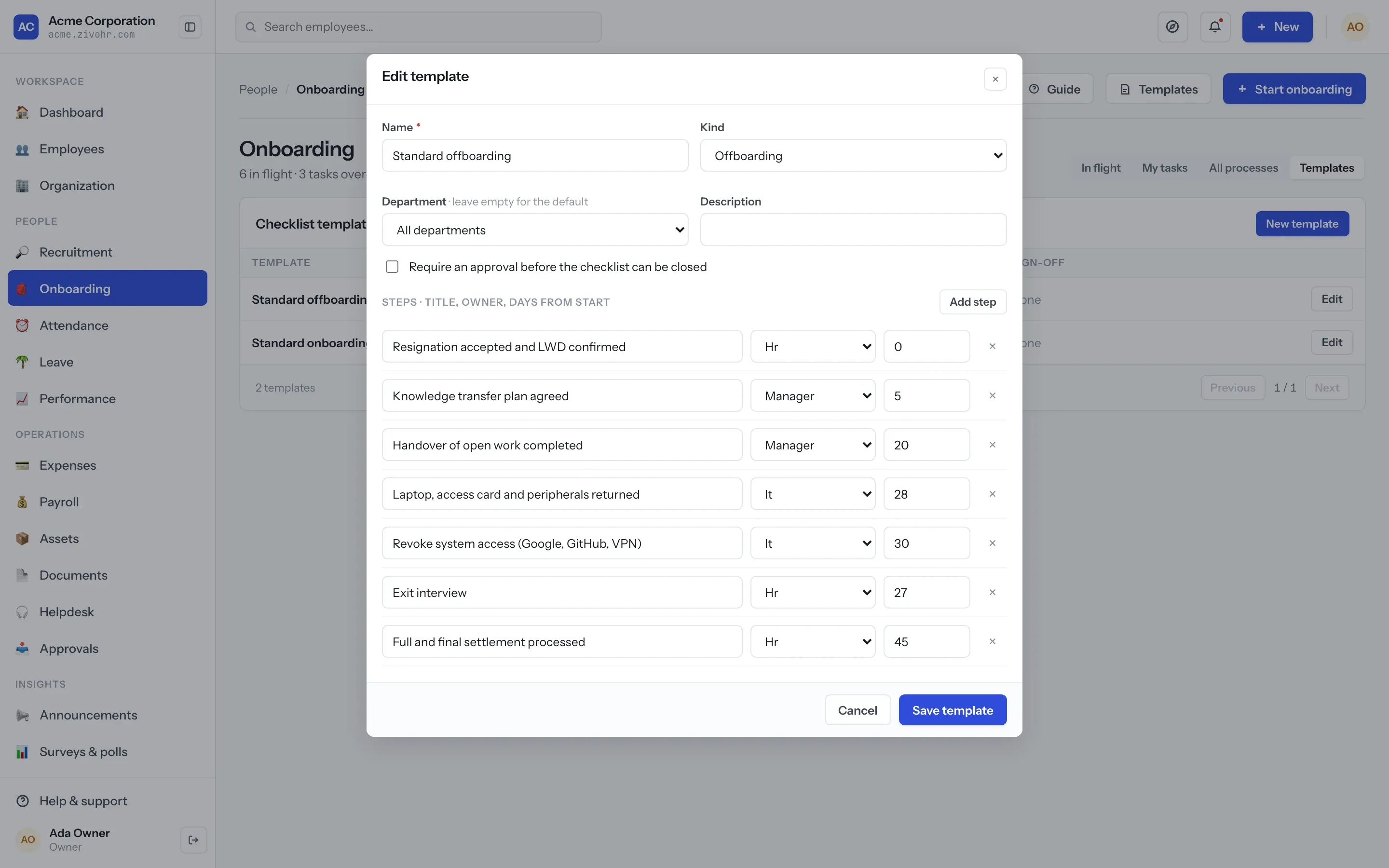 Editing the standard offboarding template: steps, owners and days from start.