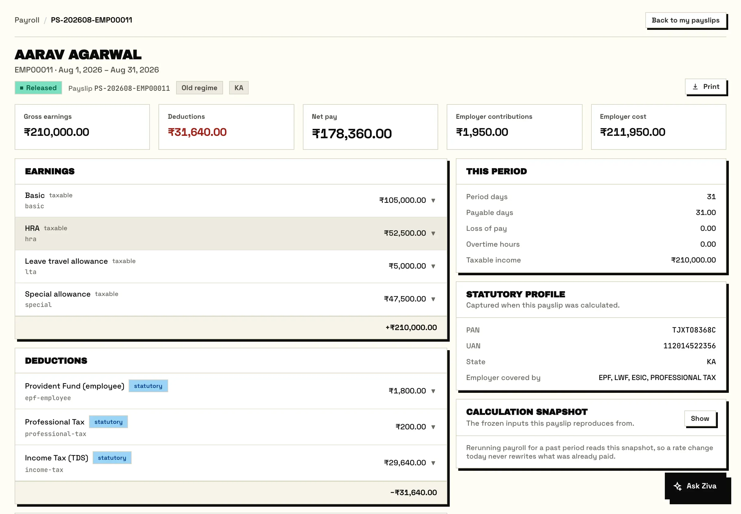 An employee's payslip: gross earnings, deductions, net pay, the earnings and deduction breakdown, and the statutory profile captured when it was calculated.