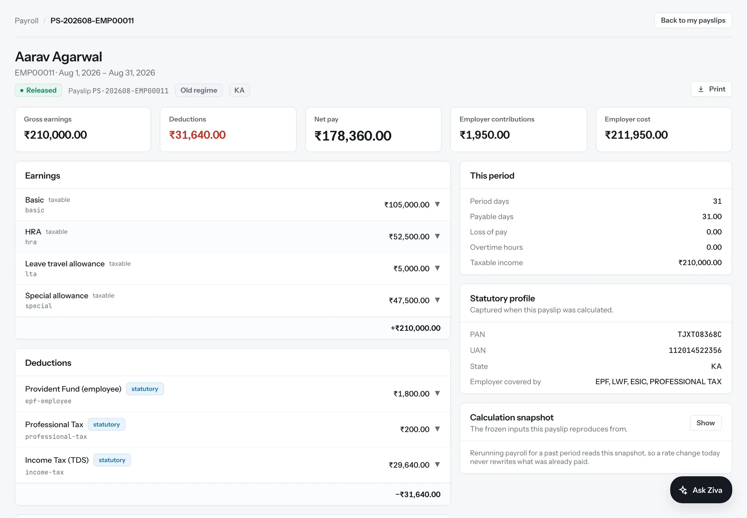 An employee's payslip: gross earnings, deductions, net pay, the earnings and deduction breakdown, and the statutory profile captured when it was calculated.