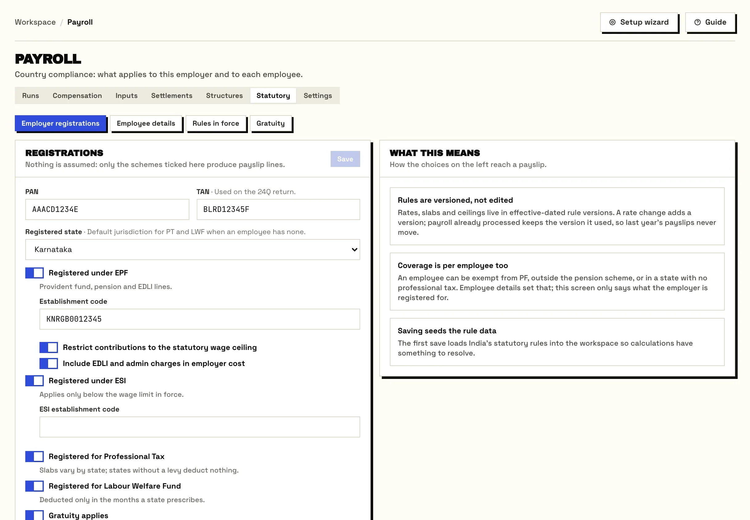 The statutory registrations screen: PAN, TAN, registered state, EPF, ESI, professional tax, labour welfare fund and gratuity.