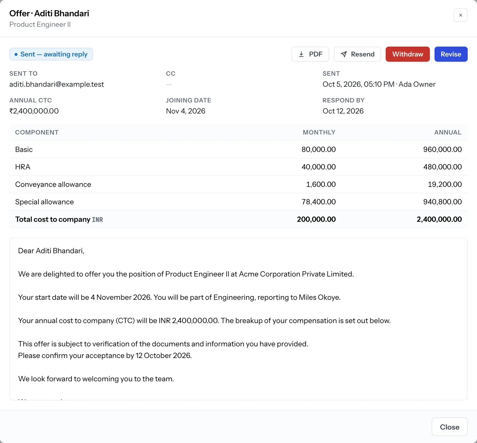 An offer letter sent to a candidate, awaiting reply: annual CTC, joining date, response deadline, the compensation breakup and the full letter text, with resend, withdraw and revise actions.