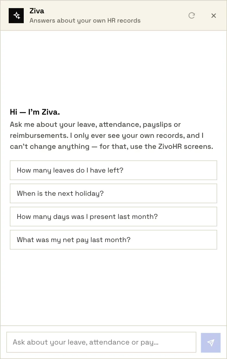 The Ziva panel in ZivoHR: it answers about your own HR records, with suggested questions about leave, holidays, attendance and pay.