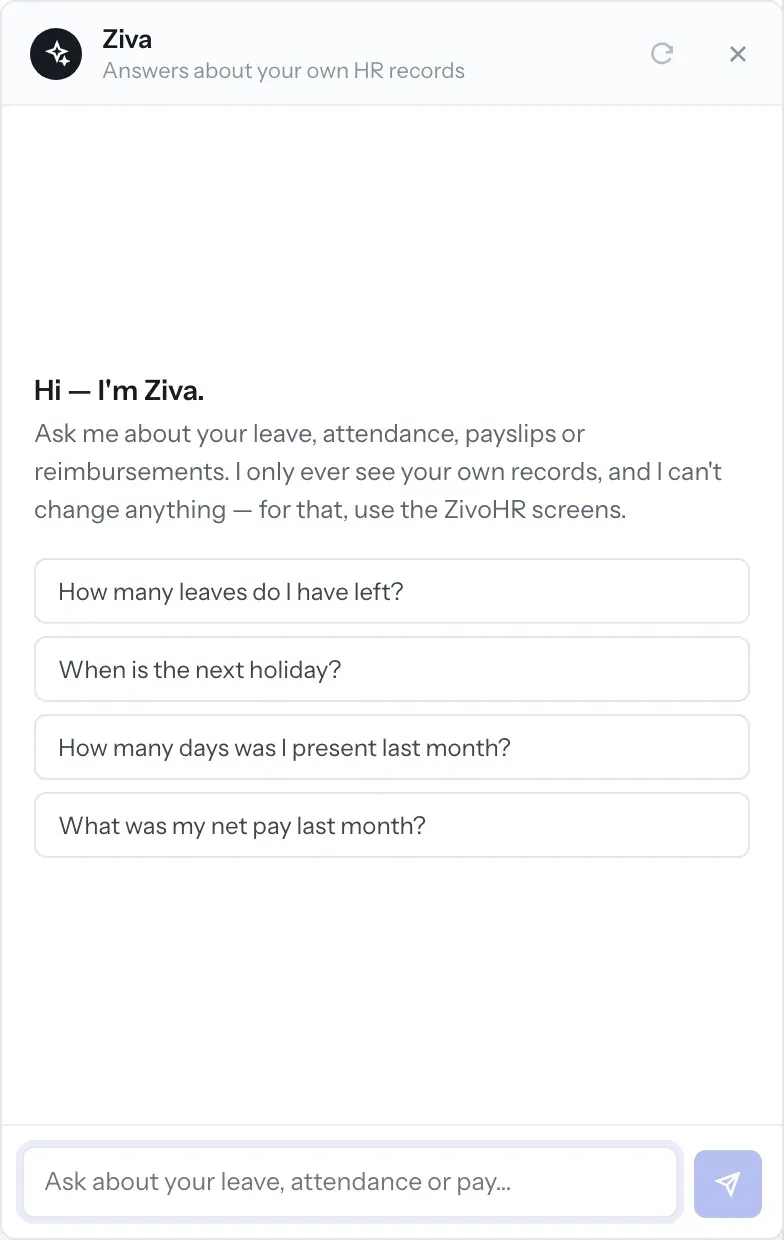The Ziva panel in ZivoHR: it answers about your own HR records, with suggested questions about leave, holidays, attendance and pay.